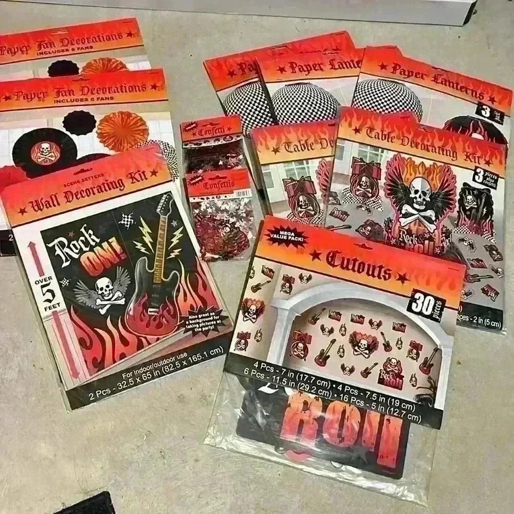 HUGE Rock N Roll Party Lot Decor Banner table toppers, scene setter lanterns